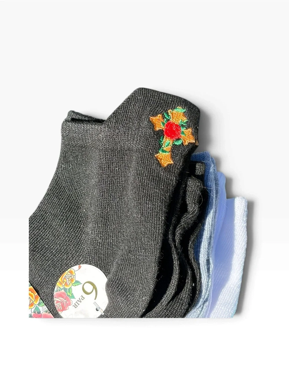 Ed Hardy Black White Gray Rose & Cross Floral Quarter Socks 6 Pack